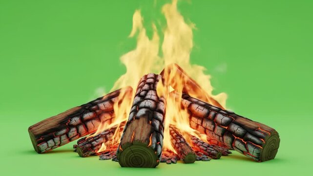Burning Firewood Logs in a Campfire Setting with Green Background.