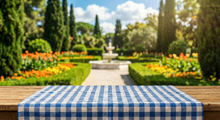 Empty wooden table with colorful checkered tablecloth in sunny garden with blurred bokeh background for food product display and picnic mockup
