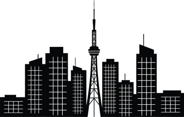 Obraz premium Black silhouette skyline of a modern city with skyscrapers and a tall communication tower