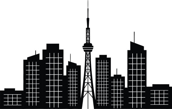 Black silhouette skyline of a modern city with skyscrapers and a tall communication tower