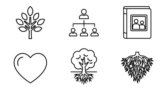 A versatile collection of outline icons representing family lineage, personal heritage, relationships, love, growth, and organizational structure for diverse design projects