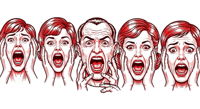 A diverse group of men and women united in extreme terror, their faces contorted in wide-mouthed screams, vividly illustrating human fear, panic, and overwhelming shock against a clean background