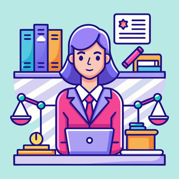 Lawyer working on laptop with legal symbols