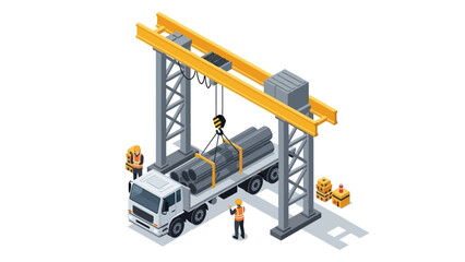 Isometric illustration of workers loading a large pipe onto a truck with a crane in an industrial setting.