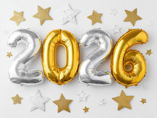 Obraz premium Golden and silver balloons displaying year 2026 surrounded by festive stars