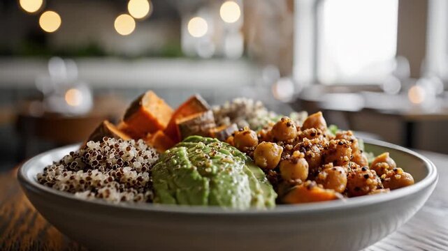 Healthy quinoa bowl with roasted chickpeas, avocado slices, and sweet potato chunks in a cozy restaurant setting, perfect for vegan meal ideas