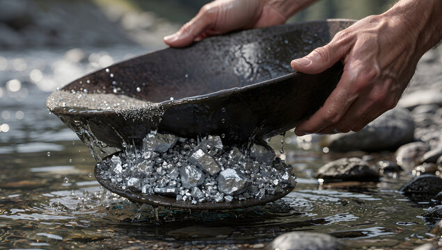Cinematic POV and close-up views of silver mining by panning, capturing hands, flowing water, and raw silver ore with realistic lighting and depth. AI Generated.