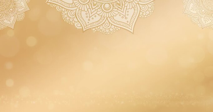 Golden mandala pattern background with bokeh lights, ideal for spiritual designs, festive occasions, meditation concepts, or luxurythemed projects.