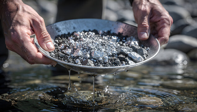 Cinematic POV and close-up views of silver mining by panning, capturing hands, flowing water, and raw silver ore with realistic lighting and depth. AI Generated.