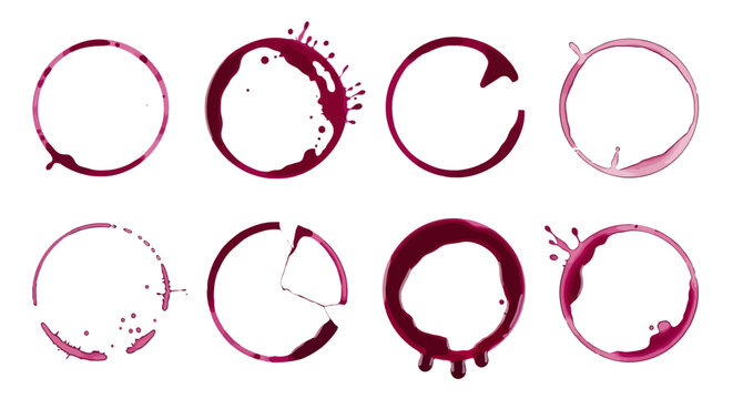 Collection of various red wine stains on a white background, depicting spills, rings, and drips from a glass, perfect for hospitality and beverage design