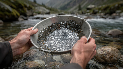 Cinematic POV and close-up views of silver mining by panning, capturing hands, flowing water, and raw silver ore with realistic lighting and depth. AI Generated.