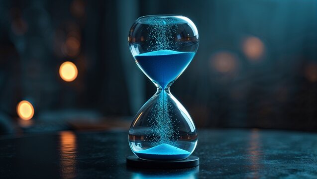 glowing hourglass with blue sand for time management and deadline concept on dark background