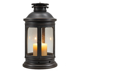 Vintage black metal lantern with lit candle inside glass panels on white background