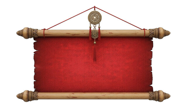 Ancient red scroll with wooden rollers and decorative tassels hangs from a string.
