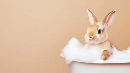 Adorable standing rabbit in foam-filled bathtub on beige background