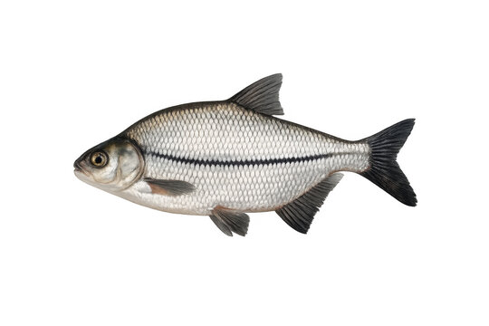 Silver bream freshwater fish with scales, fins, and a tail, swimming in water, isolated object with transparent background