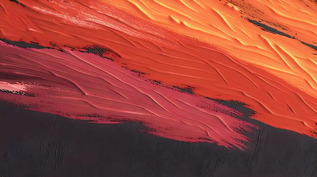 Bold, diagonal paint strokes of red, orange, and pink over a dark, textured background. Intense and dynamic