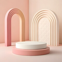 Soft pastel 3D podium scene with smooth curves, gentle lighting, minimal shadows