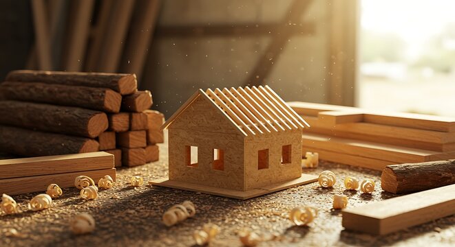 Small wooden house model surrounded by woodworking tools and sawdust