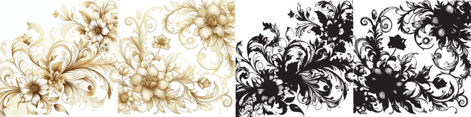 Vector floral pattern and elegant golden line silhouettes on white background.