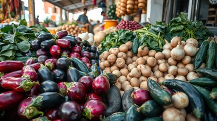 A vibrant display of fresh produce at an outdoor market with various fruits and vegetables on display
