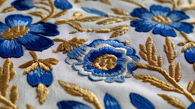 Embroidered flowers in blue and gold thread on textured white fabric