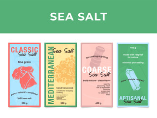 Set of different sea salt labels showcasing various types and packaging designs for culinary use and flavor enhancement
