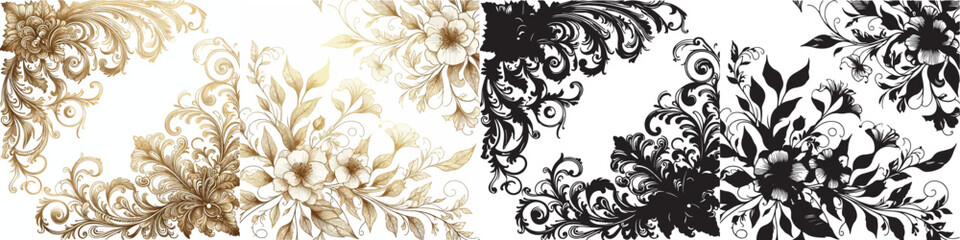 Vector floral pattern and elegant golden line silhouettes on white background.