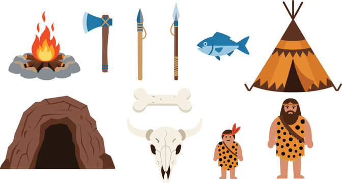 Prehistoric stone age survival set featuring caveman characters primitive tools like stone axe spear campfire and ancient cave for history education flat vector illustration.