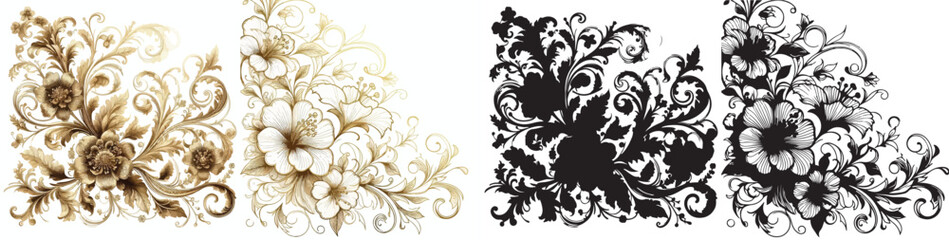 Vector floral pattern and elegant golden line silhouettes on white background.