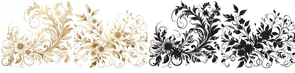 Vector floral pattern and elegant golden line silhouettes on white background.