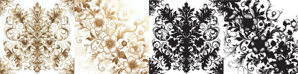 Vector floral pattern and elegant golden line silhouettes on white background.