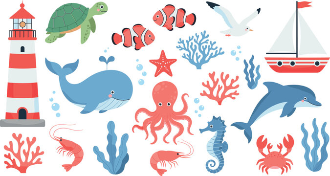 Nautical sea life vector illustration set with lighthouse sailboat whale octopus dolphin and ocean creatures on white background