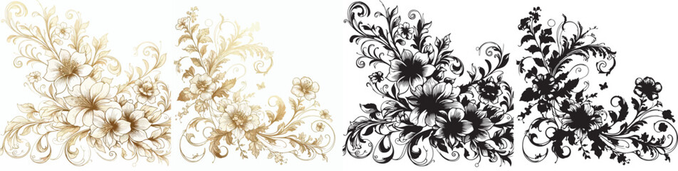 Vector floral pattern and elegant golden line silhouettes on white background.