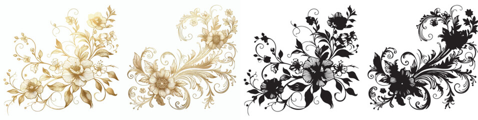 Vector floral pattern and elegant golden line silhouettes on white background.