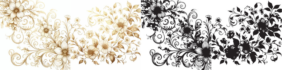 Vector floral pattern and elegant golden line silhouettes on white background.