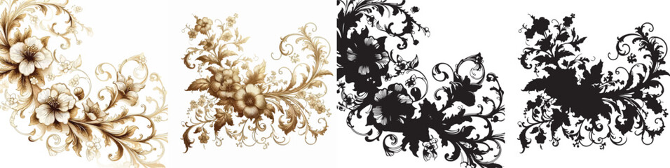 Vector floral pattern and elegant golden line silhouettes on white background.