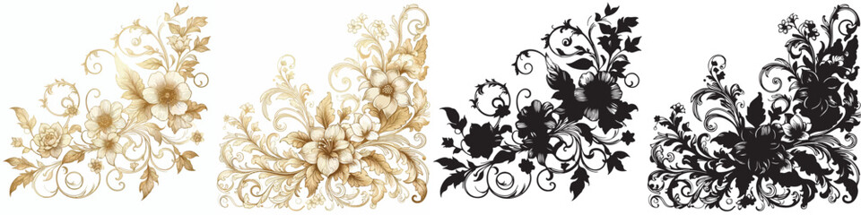 Vector floral pattern and elegant golden line silhouettes on white background.