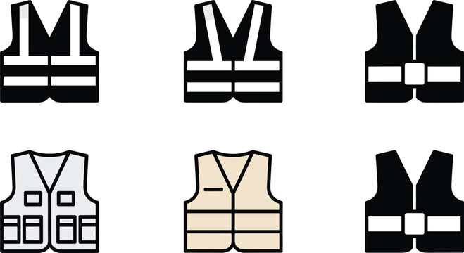 Safety vest icons set with reflective workwear jackets in filled and outline styles isolated vector illustration design
