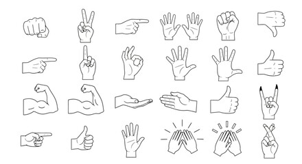 Comprehensive Set of Line Art Hand Gestures and Symbols for Communication, Interaction, and Expressing Diverse Human Emotions and Actions, Ideal for UI/UX Design Elements