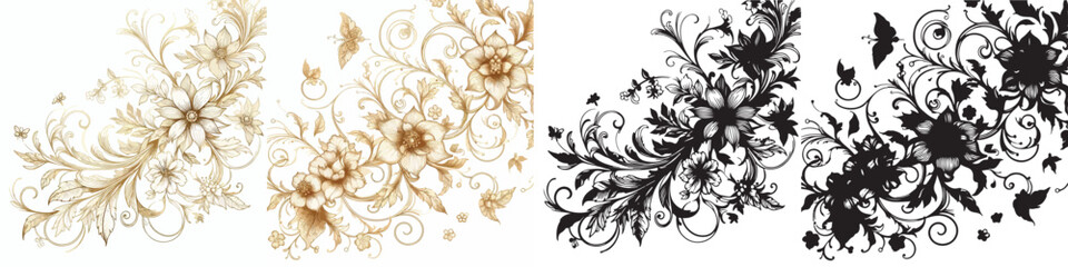 Vector floral pattern and elegant golden line silhouettes on white background.