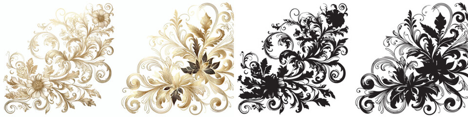Vector floral pattern and elegant golden line silhouettes on white background.