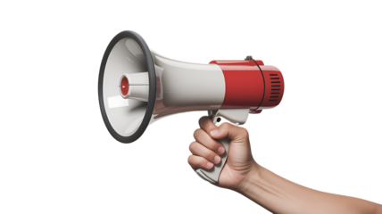 Hand holding red megaphone 3D communication icon transparent background