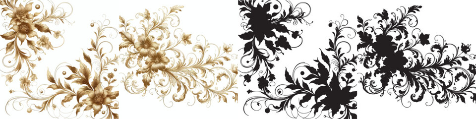Vector floral pattern and elegant golden line silhouettes on white background.