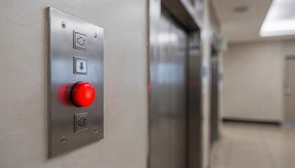 Clear focus on a call button panel installed next to a hallway elevator with the elevator doors and hall softly blurred demonstrating quick emergency communication access points.