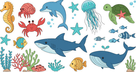 Nautical sea life vector illustration set with shark whale octopus dolphin turtle seahorse and coral reef on white background © Ahmed Sahid