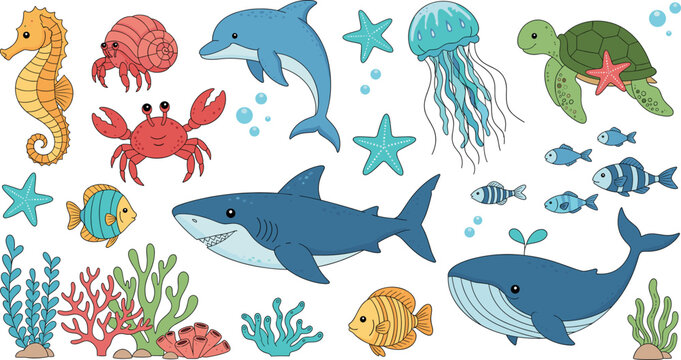 Nautical sea life vector illustration set with shark whale octopus dolphin turtle seahorse and coral reef on white background