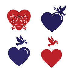 Heart Symbols with Birds and Ribbon Emblems