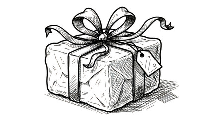 Artistic Handdrawn Gift Box With Bow And Tag On Black