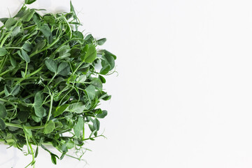 Bunch of pea microgreens on white background. Microgreens - healthy food. Space for text.